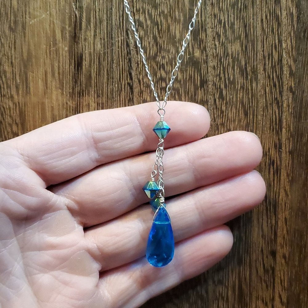 20 Inch 925 Sterling Silver Tassel Style Blue Crystal Necklace